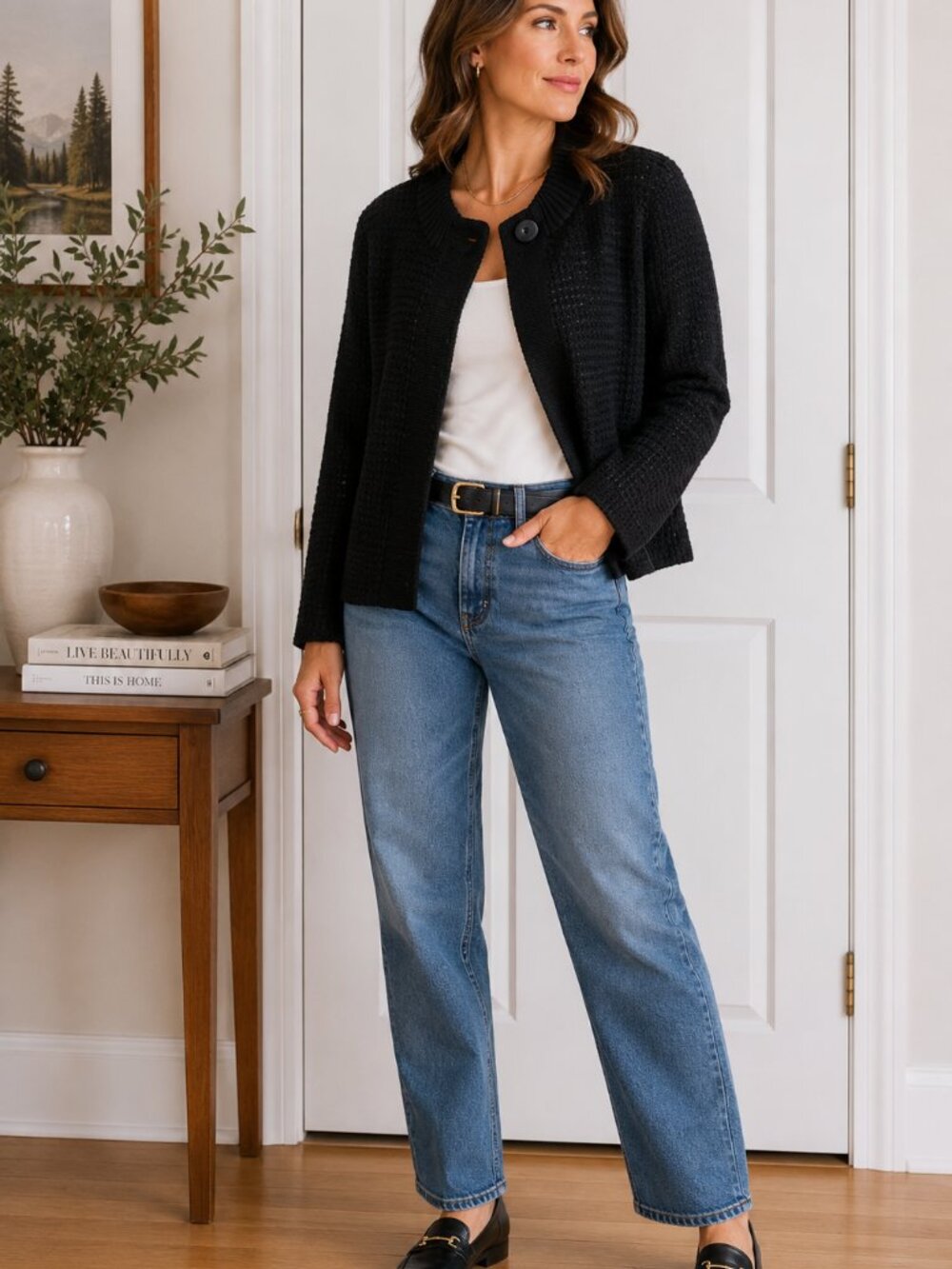 Chico’s Black Textured Sweater Jacket Size 0 Wool Blend Cardigan Blazer ✨